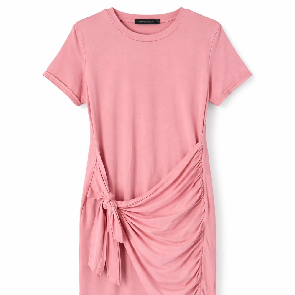MEROKEETY Pink Tie Waist Midi Dress | Ruched Side Casual